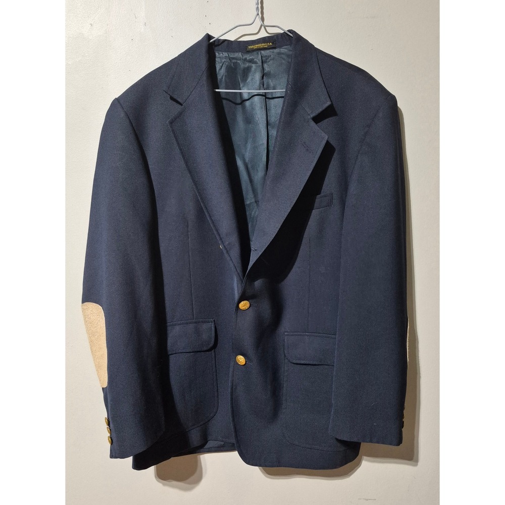 Orvis Mens Navy Blue Wool Blazer Suede Elbow Patches Gold Buttons 42R USA Made